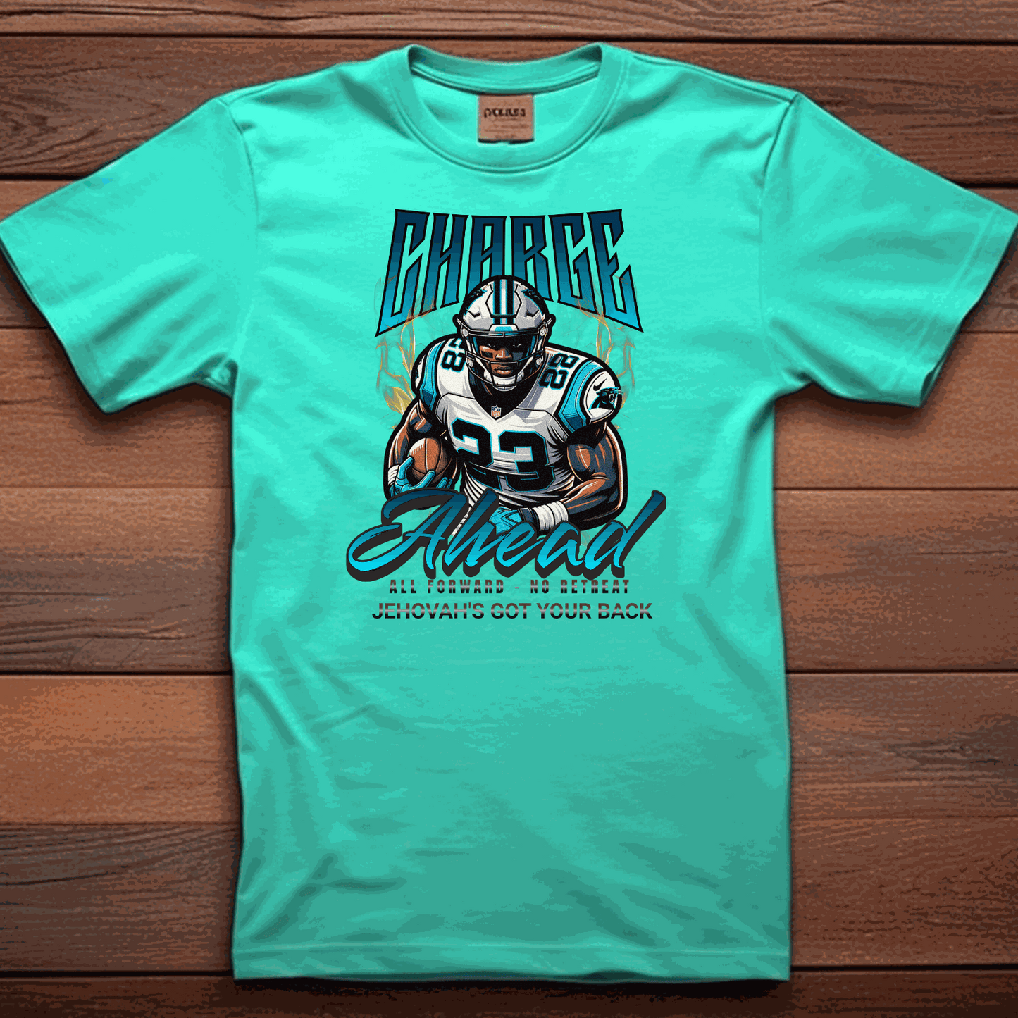 Charge Ahead Unisex softstyle T-shirt in turquoise with a football player graphic and motivational text design.