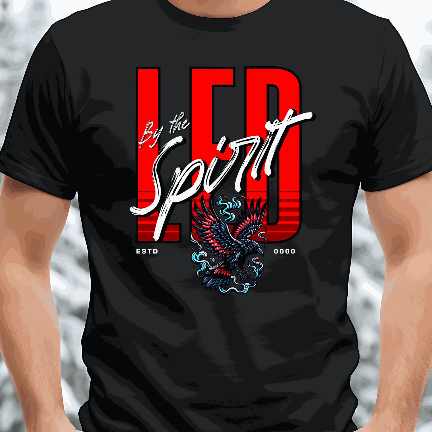 Christian LED unisex T-shirt with bold red lettering and eagle graphic representing spiritual connection and faith.