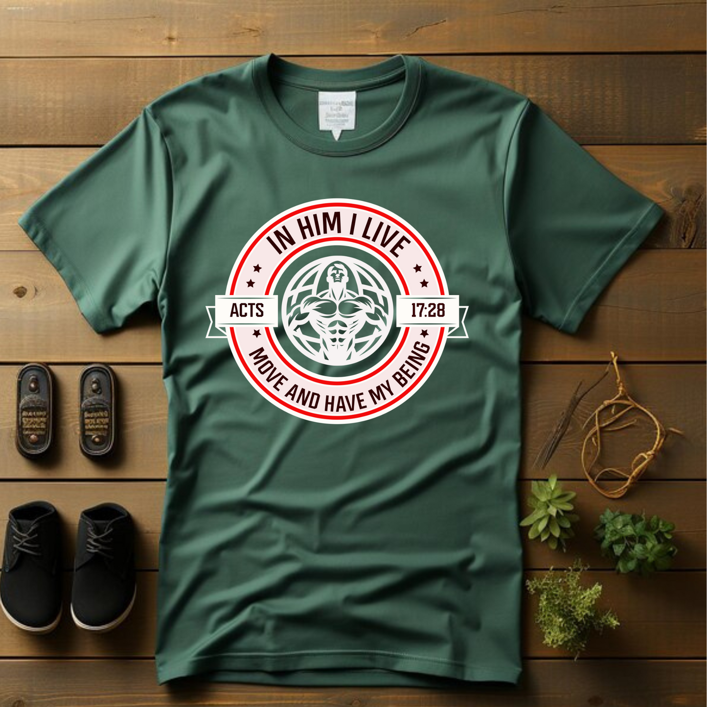 In Him I Live Christian T-Shirt - Acts 17:28 Faith Apparel