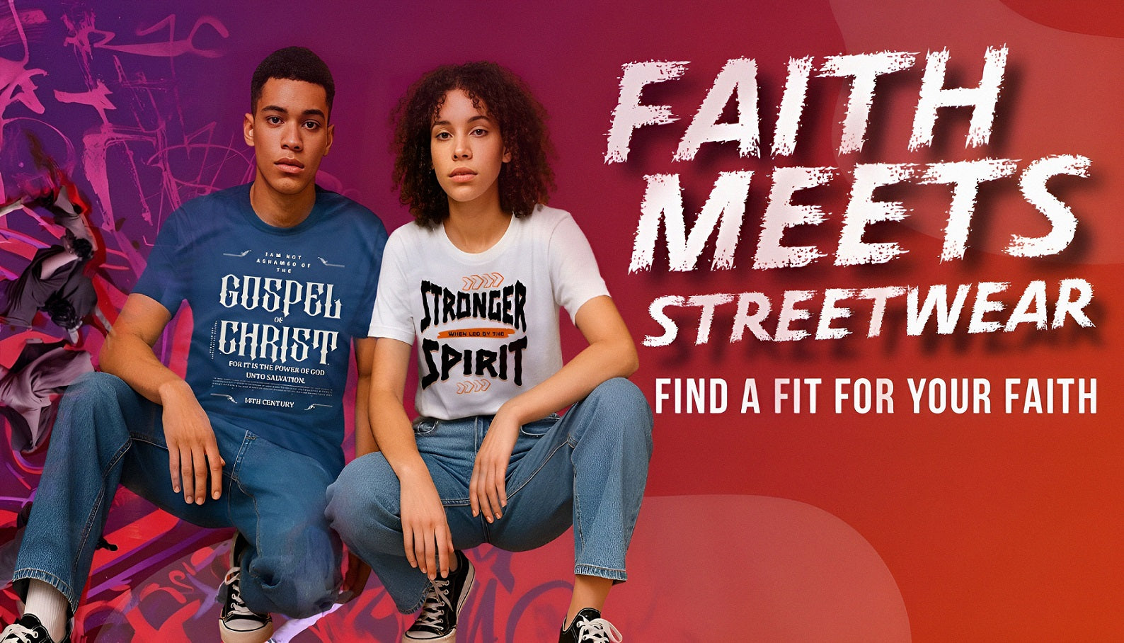 Hero banner with models wearing Christian T-shirts featuring faith-inspired messages – Kel House Store