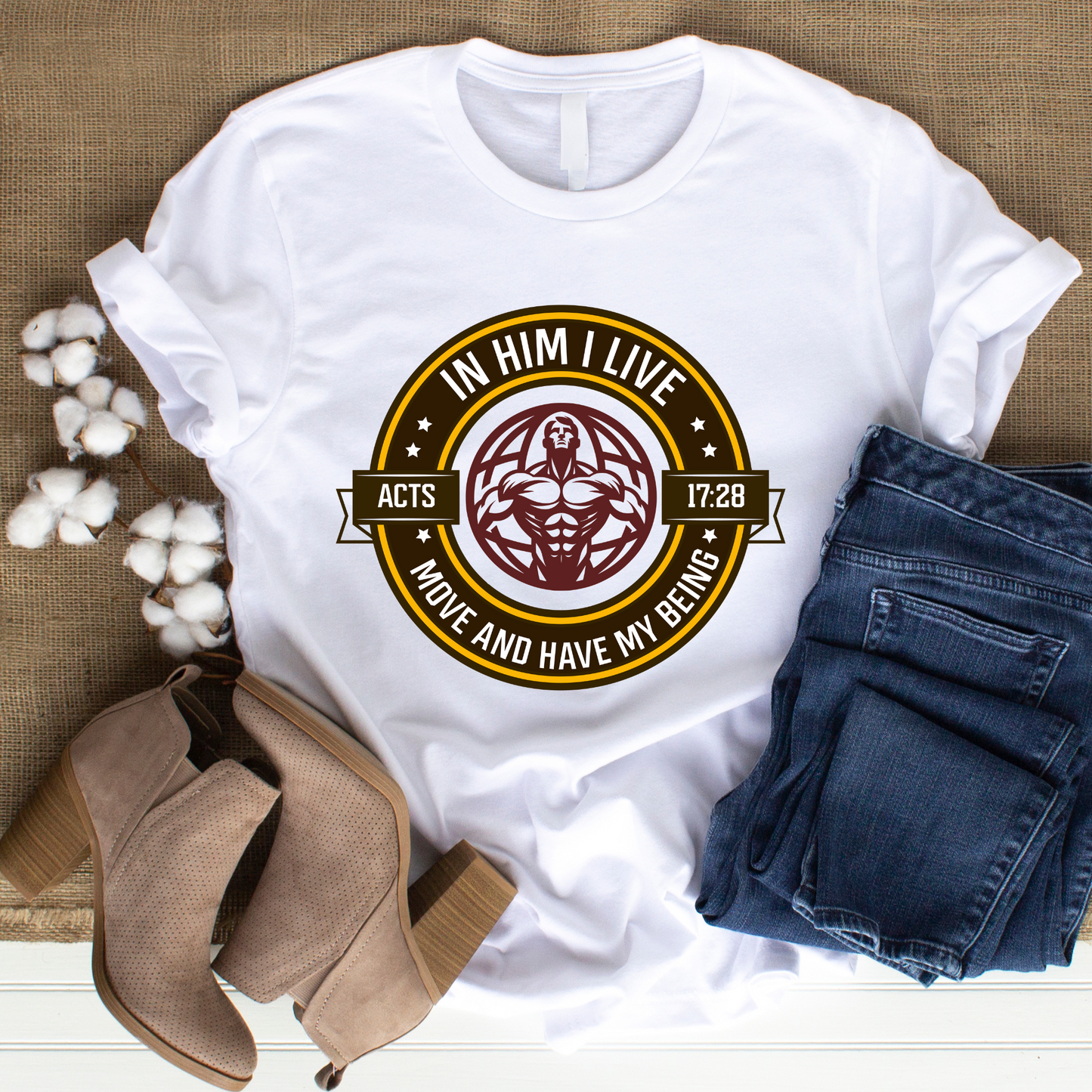 In Him I Live Christian T-Shirt - Acts 17:28 Faith Apparel