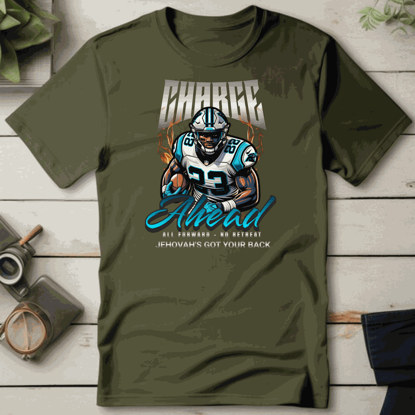 Charge Ahead Unisex softstyle T-shirt with football player graphic and motivational text in olive green