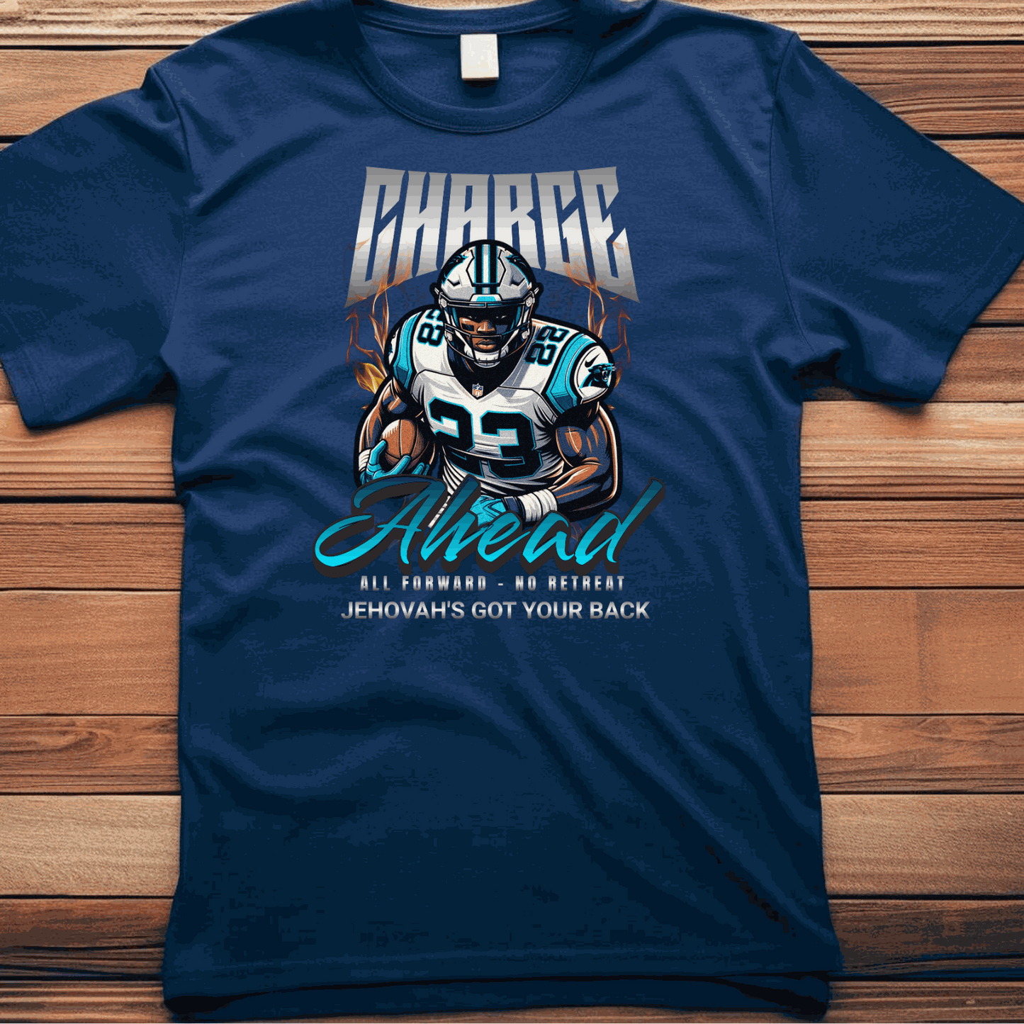 Charge Ahead Unisex navy softstyle T-shirt with football player graphic and motivational text design.