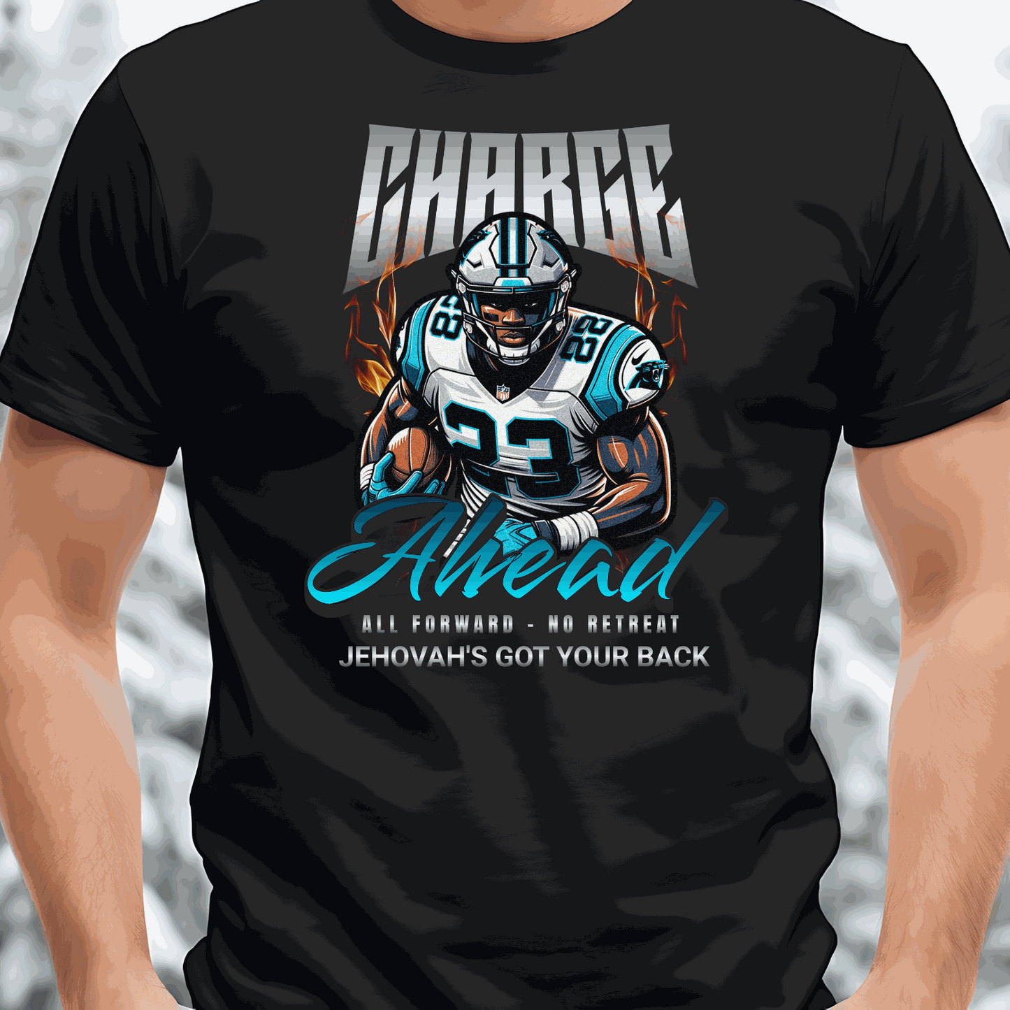 Charge Ahead Unisex softstyle T-shirt featuring a football player graphic with motivational text on a black classic fit crew neck design